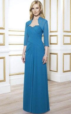 Chiffonkleid für die Mutter der Braut mit gekreuztem Herzausschnitt und 3-4 Ärmeln