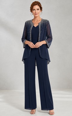 Ink Navy Mother Pantsuit with Sheer Chiffon Jacket, Sequin Top and Wide Leg Pants