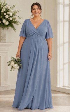 Plus Size Steel Blue A-Line Chiffon V-Neck Bridesmaid Dress with Front Split