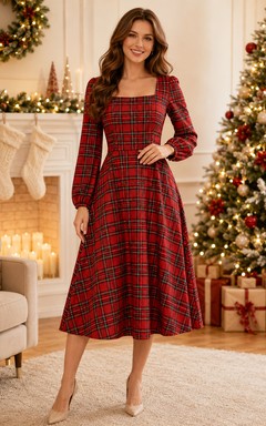 Red Plaid Long Sleeve Midi Christmas Family Photo Dress