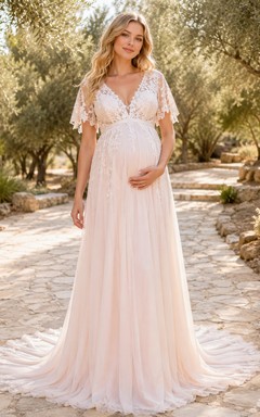 Robe de mariée bohème rose poudré à manches papillon pour maternité