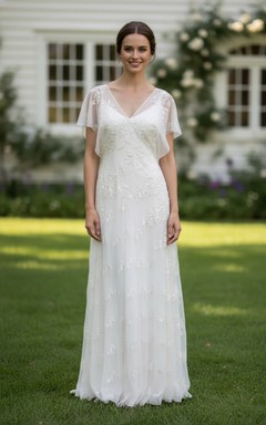 Vestido de novia bohemio de corte A con escote en V - Vestido de novia de gasa con encaje bordado y mangas con volantes