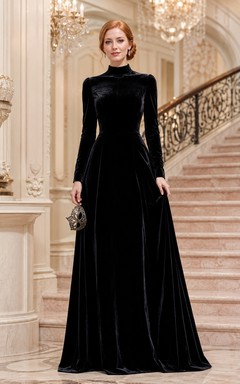 Black high neck long sleeve velvet A-line evening gown