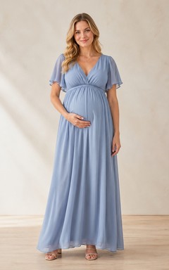 Sky Blue Chiffon V-neck Flutter Sleeve Empire Floor-length Maternity Maxi Dress
