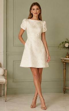 White Simple Elegant Jewel Short-Sleeve Satin A-Line Short Formal Dress