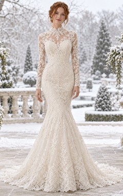 Vestido de novia de sirena con cuello alto, manga larga y cola de encaje de hojas