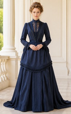 Edwardian Ink Navy High-Neck Long Sleeve Velvet Pleated Formal Dress