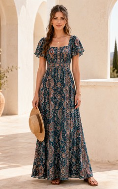 Teal Paisley Print Square Neck Flutter Sleeve Maxi Dress