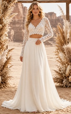 Crochet Lace Long Sleeve Crop Top Desert Ceremony Bridal Set