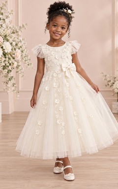 Tea-length Ivory A-line Floral Tulle Ruffle-sleeve Sashed Bow-back Flower Girl Dress