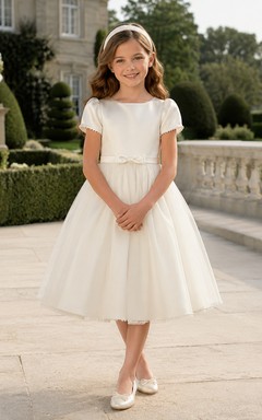 A-Line Old Money Flower Girl Dress with Cap Sleeves, Smooth Satin Bodice, Tea-Length Skirt, Rear Waist Bow, Refined Formal Style