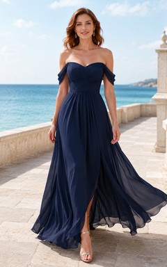 Dark Navy Oceanfront Wedding Guest Dress A-Line Chiffon Off Shoulder Sweetheart Sleeveless Floor-Length Side Slit