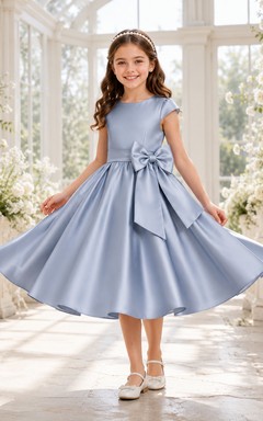 Elegantes, teelanges A-Linien-Kleid für Blumenmädchen aus stahlblauem Satin mit kurzen Ärmeln und Schleife am Rücken.