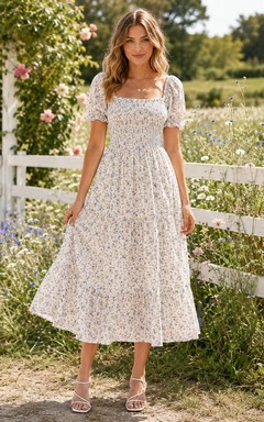 Robe de campagne ivoire à imprimé floral, manches bouffantes, coupe trapèze, col carré, longueur thé