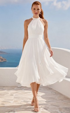 White Chiffon Halter Sleeveless A-Line Tea-length Pleated Elegant Romantic Garden Evening Dress