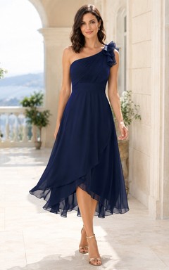Romantic Navy One Shoulder Chiffon Ruffle Backless High Low Cocktail Dress