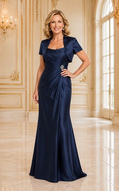MOB Kleid Dunkelblaues Satin Meerjungfrauenkleid mit kurzen Ärmeln, eckigem Ausschnitt und bodenlang mit Bolero