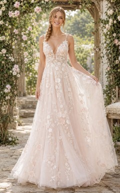 Boho Spaghetti Floral Applique Tulle A-Line Floor-Length Vow Renewal Dress