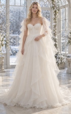 Vestido de novia de corte A completo con capa de volantes y capas de organza estilo "Winter Sweetheart"