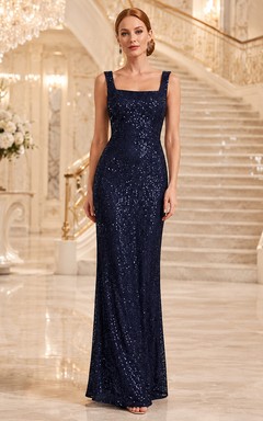 Dark Navy Ballroom Wedding Guest Evening Formal Dress Sheath Floor-Length Square Neck Sleeveless Sequin Zipper Back