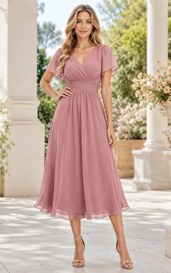 Elegante vestido de madre en gasa fruncida de corte A, largo hasta la rodilla, color malva suave rosa empolvado con escote en V, mangas con pétalos