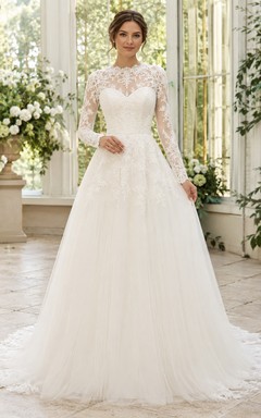 Modest Lace Tulle Wedding Dress Ball Gown Jewel Neck Long Sleeve Sweep Train Bridal Gown