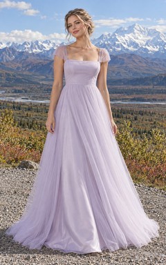 Simple Square Neck Short Sleeve Ruched Tulle A-Line Floor Length Wedding Dress