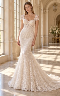 Mermaid Short Sleeve Scoop Neck Allover Lace Wedding Dress