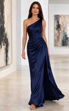 Dunkelblaues, einseitig schulterfreies, drapiertes und gerafftes Etuikleid aus Satin – formelles Abendkleid