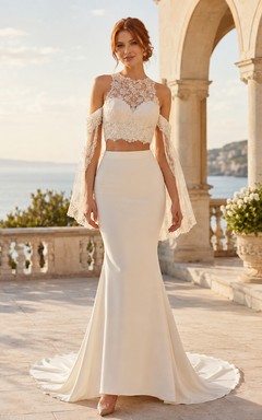Beach Satin Lace Wedding Dress Mermaid High Neck Long Sleeve Sweep Train Bridal Gown