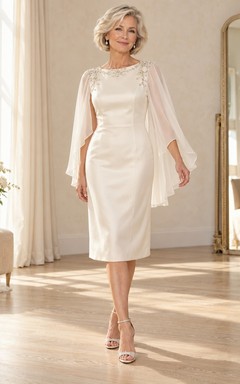 Vestido de novia de satén de corte recto hasta la rodilla, discreto, para novias mayores, con mangas tipo capa de gasa.
