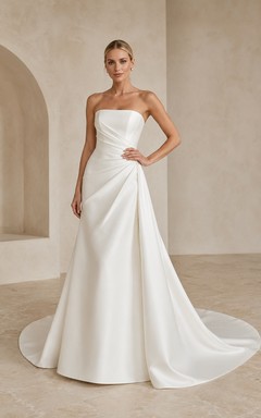 Brautkleid aus Satin, A-Linie, trägerlos, Herzausschnitt, Schleppe