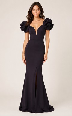 Black Deep V-Neck Rose Sleeve Mermaid Evening Gown
