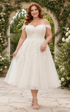 Vestido de novia de talla grande, largo hasta la rodilla, con hombros descubiertos, encaje y tul, corte en A, estilo jardín.
