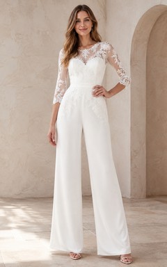Weißer, eleganter Jumpsuit mit V-Ausschnitt, Illusion-Spitze, Dreiviertelärmeln und weitem Bein