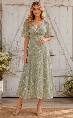 Farmhouse Sage Lace V-Neck A-Line Tea-Length Short Sleeve Guest Dress