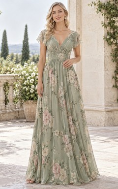 Sage Floral Print Pleated Bodice V-Neck Flutter Sleeve Floor-Length Chiffon Bridesmaid Dress