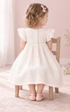 Modest Ivory Knee Length Empire Rounded Flutter Sleeve Full Gauze Flower Girl Dress