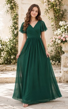 Dunkelgrünes Brautjungfernkleid für junge Damen, A-Linie, V-Ausschnitt, kurze Blütenblattärmel, elegant und romantisch