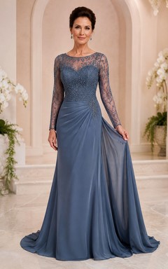 MOB-Kleid, stahlblau, Chiffon, Spitze, A-Linie, lange Ärmel, U-Boot-Ausschnitt, bodenlang, drapiert