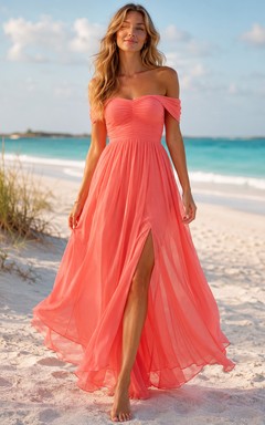 Korallenfarbenes, schulterfreies Chiffon-Kleid mit kurzen Ärmeln und Falten für Brautjungfern am Strand