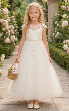 Ivory Ankle-Length A-Line Flower Girl Dress with Illusion Scoop Neck, Lace Cap Sleeves, Button Back and Bow Sash