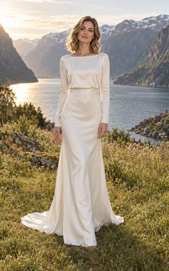 Vestido de novia de manga larga estilo barcoau charmeuse con cinturilla y espalda con botones forrados