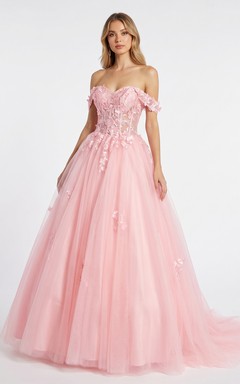 Zartrosa Ballkleid, schulterfrei, aus Tüll mit Spitzenapplikationen