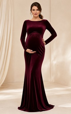 Burgundy Velvet Ruched Square Neck Long Sleeve Empire Maternity Gown