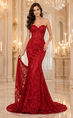 Robe de mariée sirène rouge bustier en dentelle avec traîne chapelle