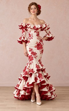 Robe de danse Flamenco crème et rouge à fleurs, épaules dénudées et volants