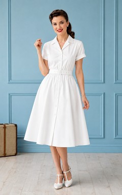 White Notched Short Sleeve Vintage Shirt Dress Classic