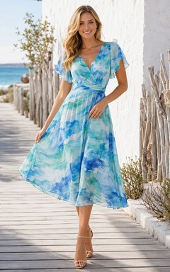 Vestido midi de gasa con escote en V y mangas con volantes, estilo acuarela oceánica.