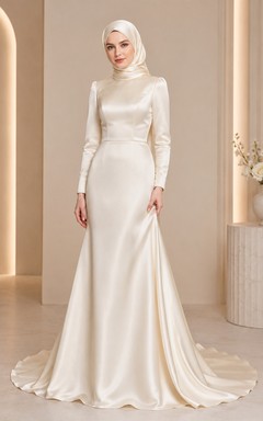 Simple Muslim Long Sleeve Satin Sheath Sweep Train Wedding Dress